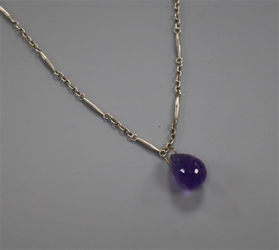 A facet cut pear shaped amethyst pendant, on a Murrle Bennett & Co silver chain, pendant 18mm.